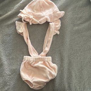Tocoto vintage.  Worn once.  12 month pink terry cloth romper and sunhat.
